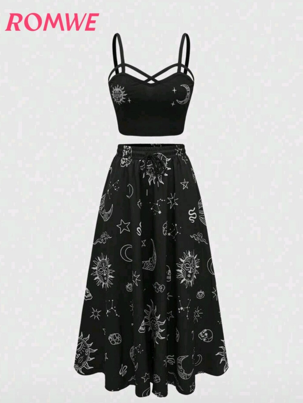 ROMWE Lady Gothic Vacation Style Cross-Design Vest And Skirt Set